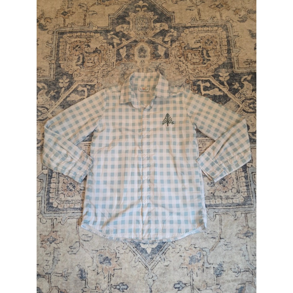 Busy Bee Smocks Boy's Size 14 Mint and White Gingham Button Up Long Sleeve Shirt
